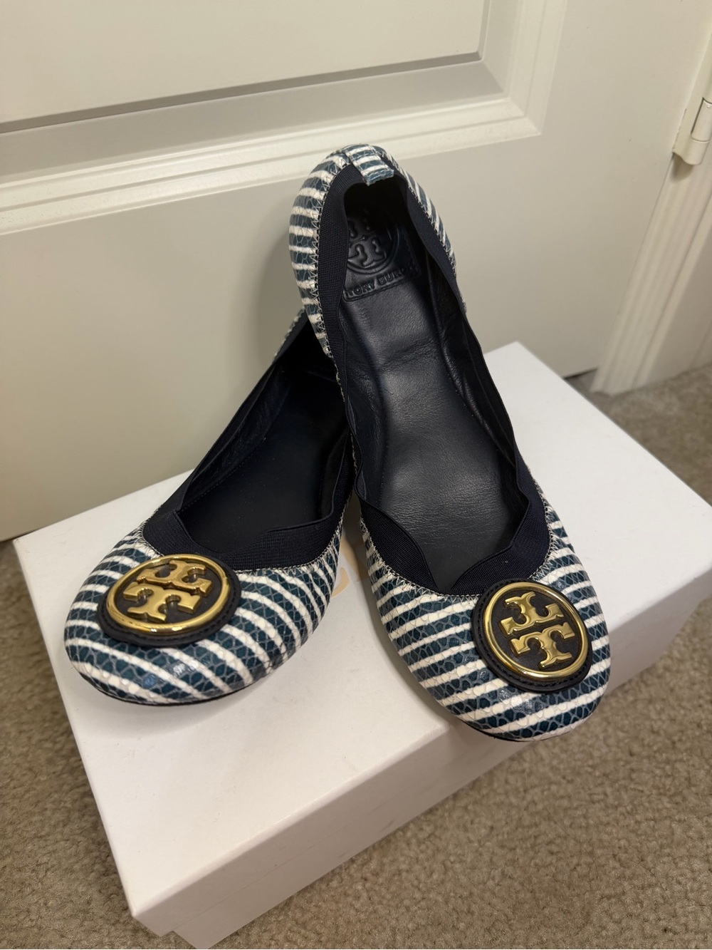 Tory Burch Navy and White Striped Reva Logo Ballet Flats